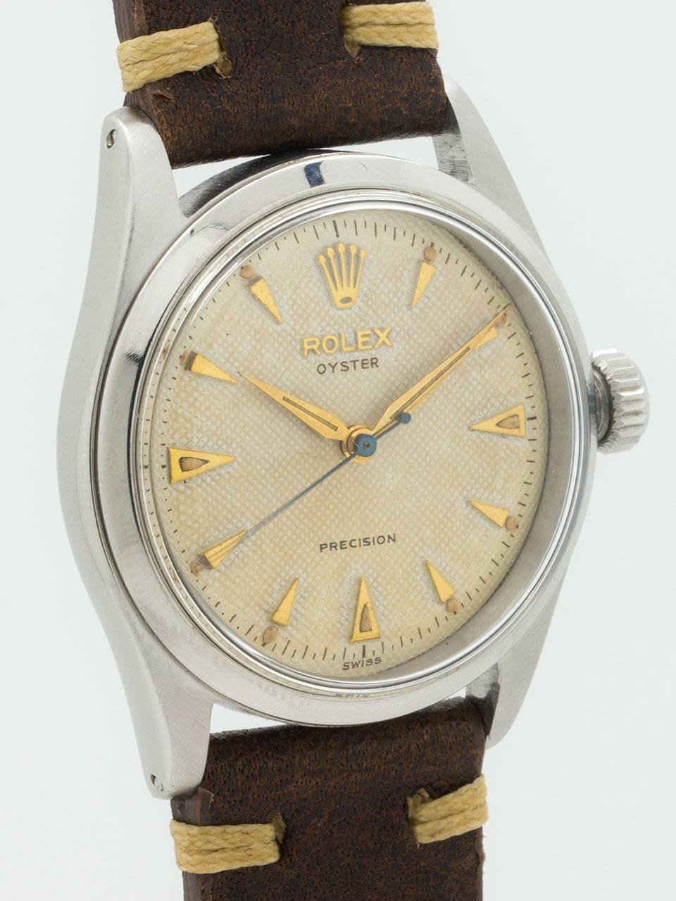 Vintage Rolex Oyster Precision ref 6282 circa 1955 with beautiful condition original waffle dial. Featuring 34mm diameter stainless steel Oyster case with smooth bezel and acrylic crystal. The dial on this watch is very desirable example and is in