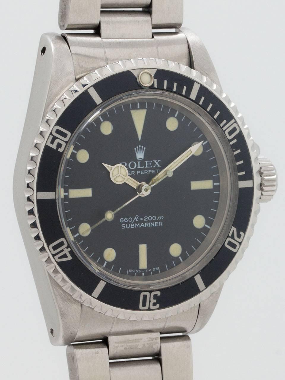 Rolex Stainless Steel Submariner ref 5513 serial no. 5.1 million circa 1977. Featuring 40mm diameter case with bidirectional elapsed time bezel, older fat font insert, and low dome acrylic crystal. With very pleasing original matte black dial with