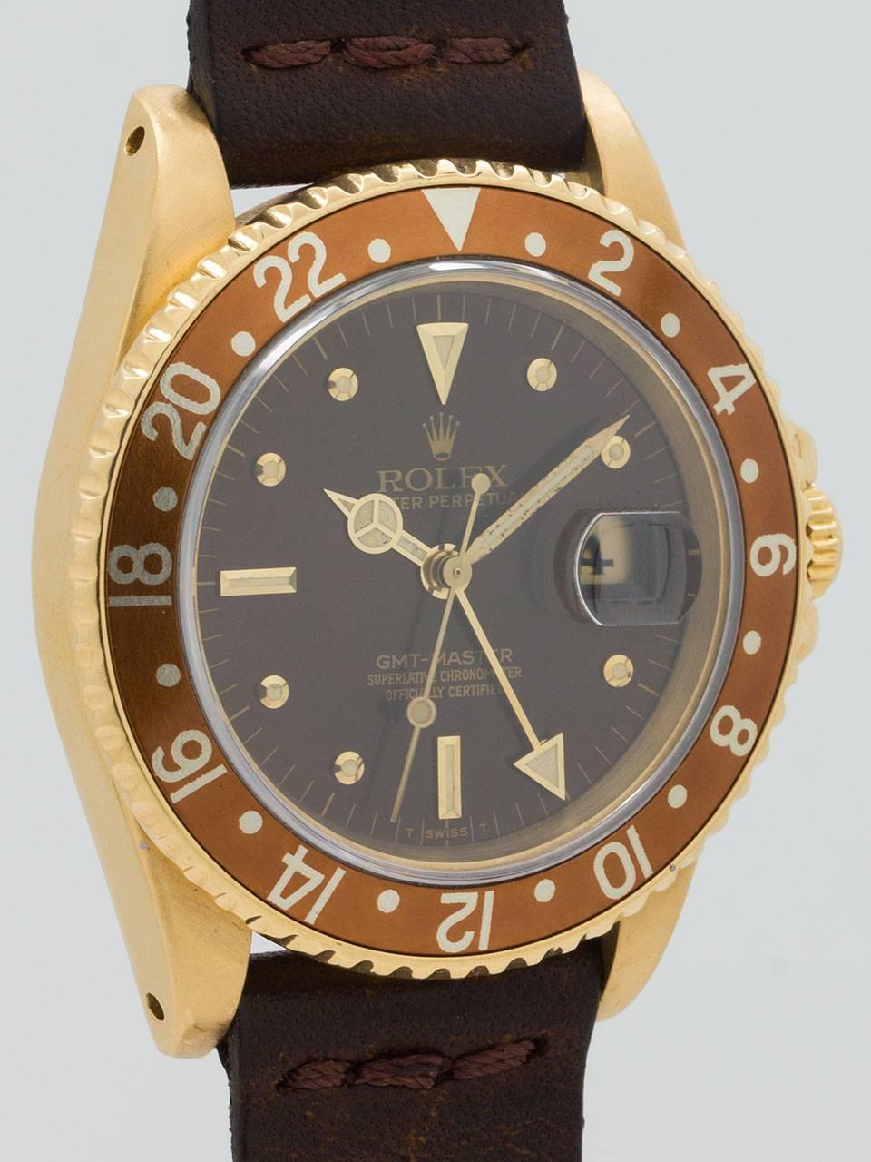 Rolex GMT-Master 18K Yellow Gold ref 16758 circa 1985. Popular transitional model 40mm diameter case, sapphire crystal and bronze 24 hour bezel. Beautiful vintage era bronze “nipple” indexes dial with gilt hands. Powered by self winding movement