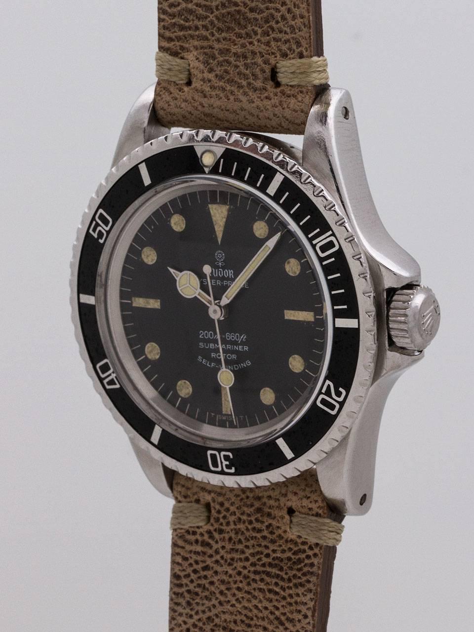 Tudor Submariner ref 7928 serial number 570,xxx circa 1967. 40mm diameter stainless steel case with bi-directional elapsed time bezel. With matte black dial with patina’d luminous indexes and matching luminous hands. With Tudor flower logo and