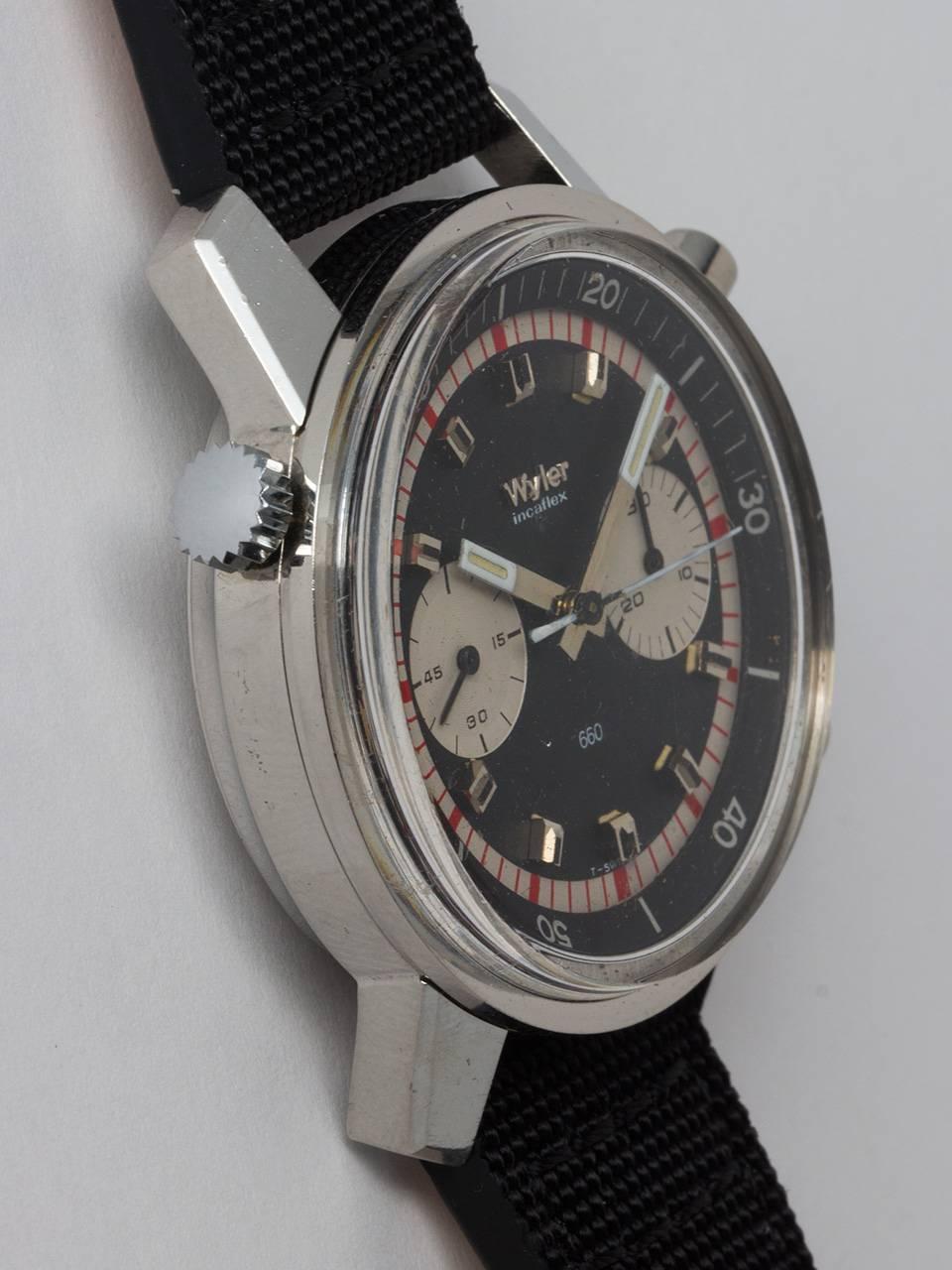 Wyler Stainless Steel Incaflex Chronograph circa 1960s. Great looking large model resembling the graphics of the famous Paul Newman Daytona. 40 x 46mm screw back case and inner elapsed time bezel. Original black dial with two contrasting white