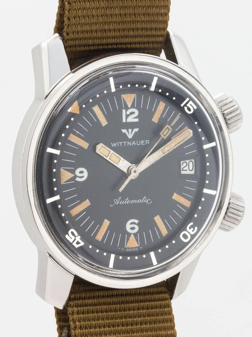 Wittnauer Super Compressor Diver's Wristwatch circa 1960s. Featuring robust 39 x 47mm case with screw down back and wide inner elapsed time bezel with acrylic crystal. Original matte black dial with gorgeous and richly patina’d luminous arabic and