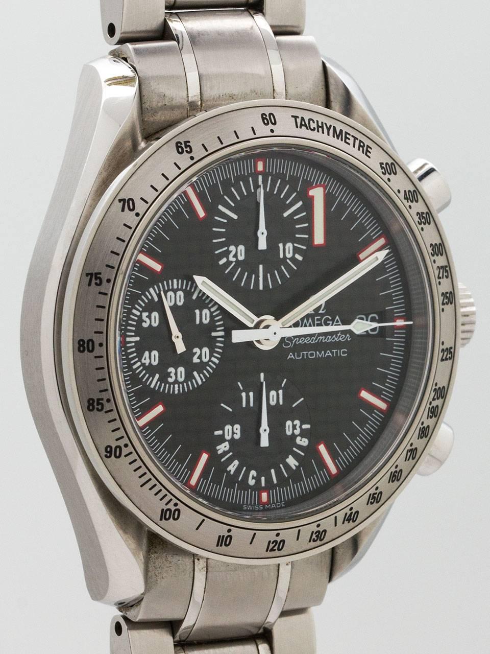 Omega Stainless Steel Speedmaster Racing Michael Schumacher ref 3510.12 case serial number 57.8 million circa 2001. Featuring 39.5 x 45mm case with pressure fitted case back, round pushers, stainless steel tachometer bezel and sapphire crystal. Two