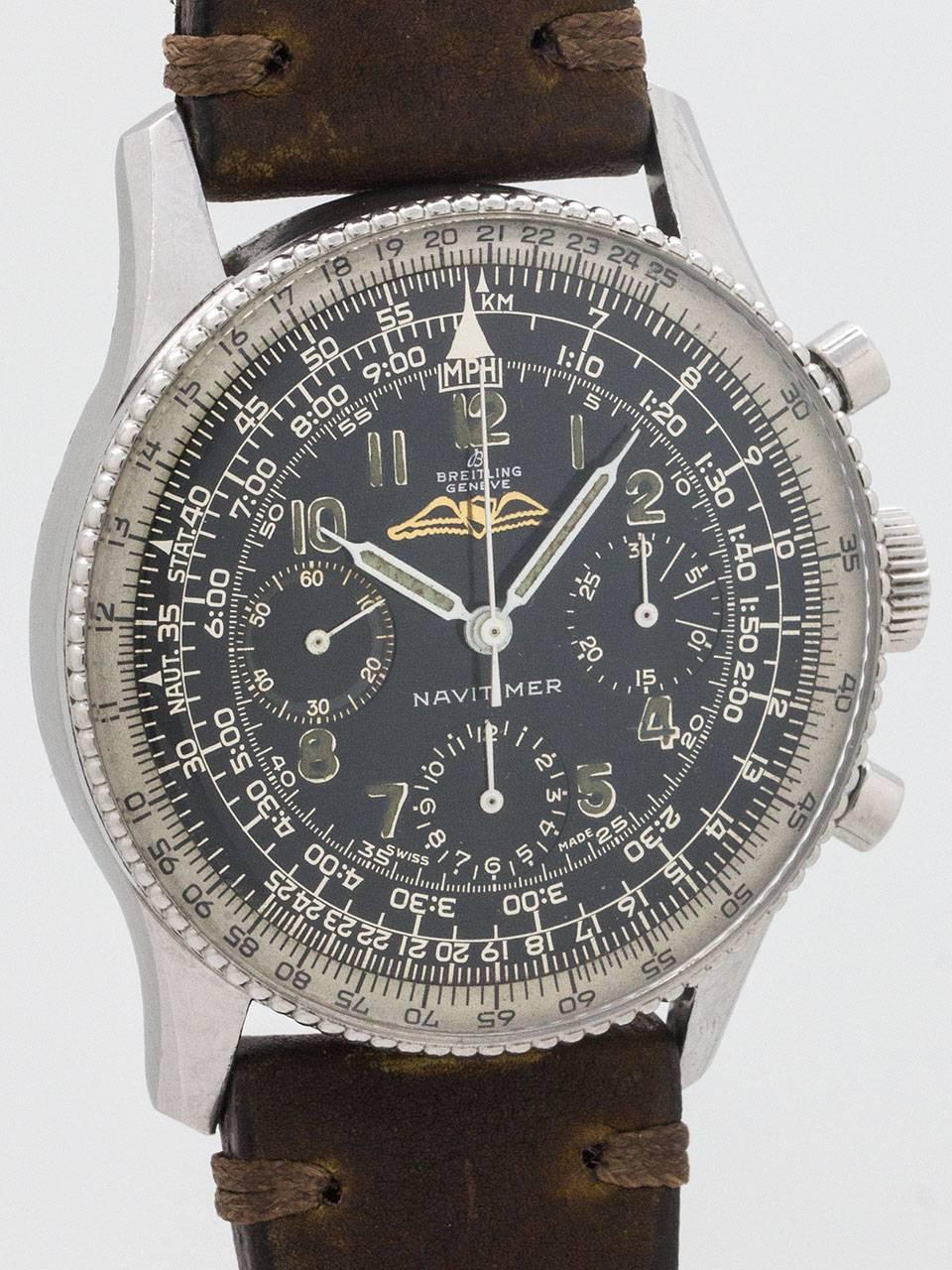 Beautiful condition vintage Breitling Stainless Steel Navitimer ref 806 case serial number 824,xxx circa 1960s. Featuring a 40mm diameter case with beautiful condition case with beaded bezel. Original glossy black dial with black registers with full