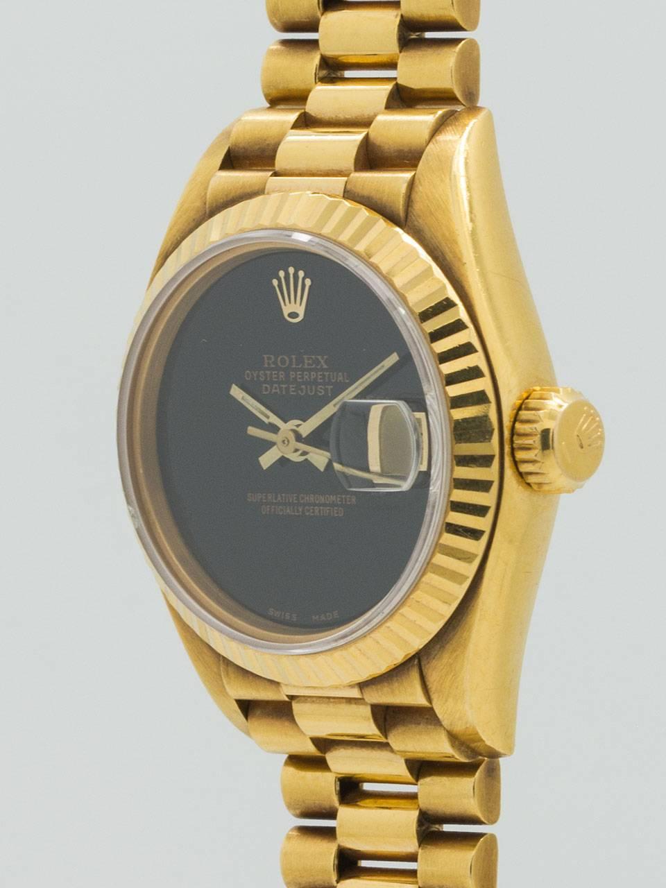 Rolex Yellow Gold Lady Datejust Onyx President Wristwatch Ref 69178 circa 1988 In Excellent Condition In West Hollywood, CA