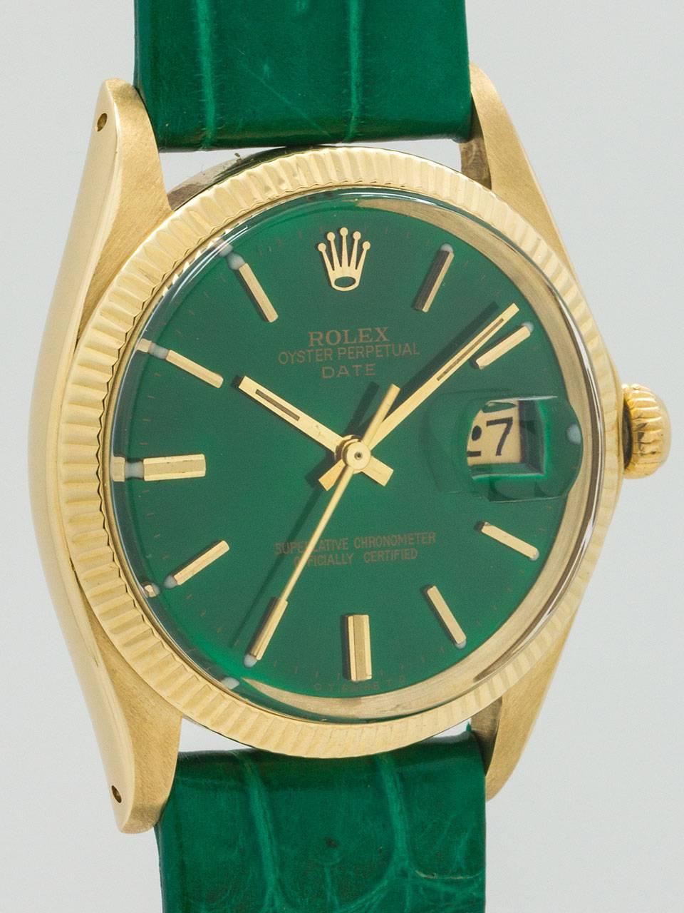 Rolex 14K Yellow Gold Oyster Perpetual Date ref 1503 serial number 3.4 million circa 1972. Featuring 34mm diameter case with smooth bezel and acrylic crystal. Beautiful custom colored “Emerald Green” dial with gold applied indexes and gilt baton
