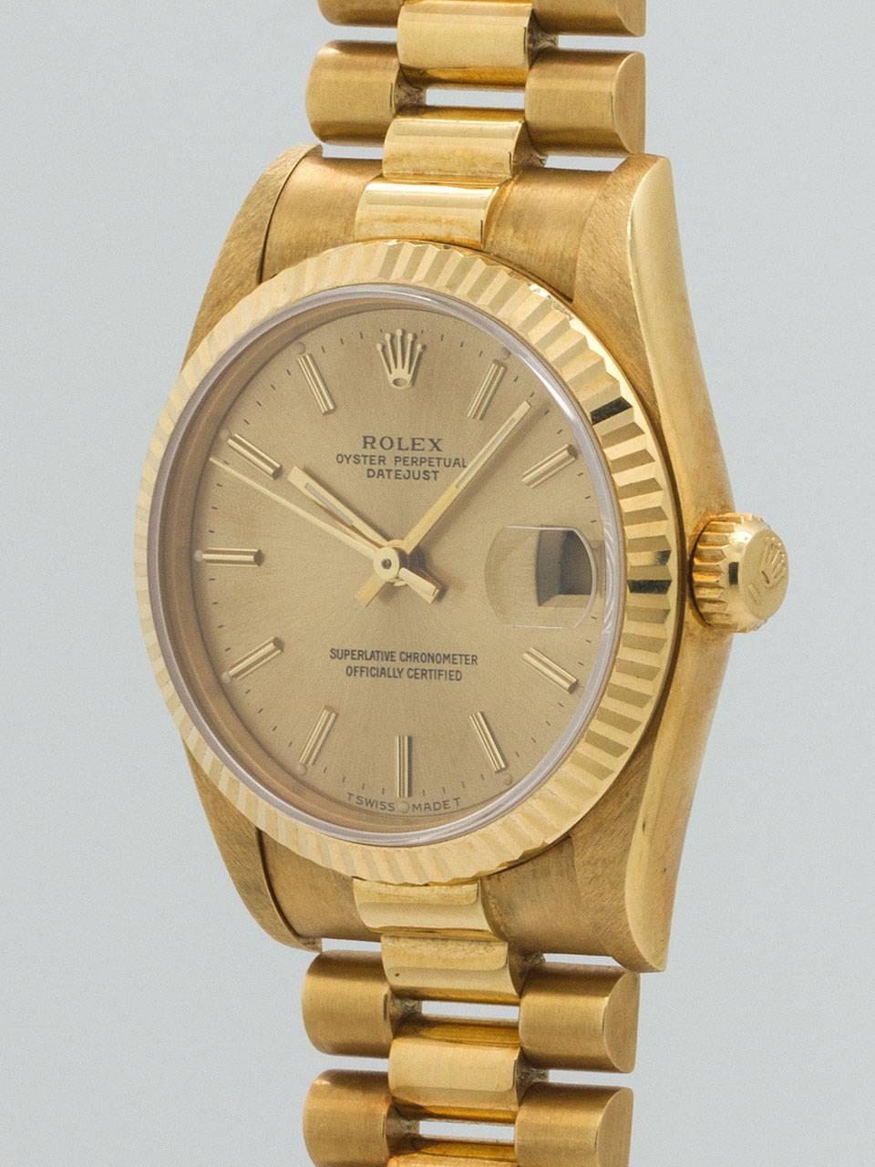 Rolex Yellow Gold Midsize Datejust  President Wristwatch Ref 68278 circa 1987 In Excellent Condition In West Hollywood, CA