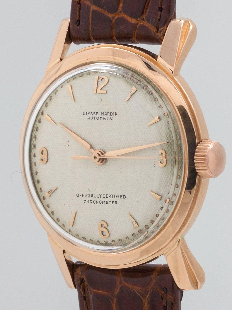 Ulysee Nardin 18K Rose Gold Automatic Dress Wristwatch circa 1950s In Excellent Condition For Sale In West Hollywood, CA