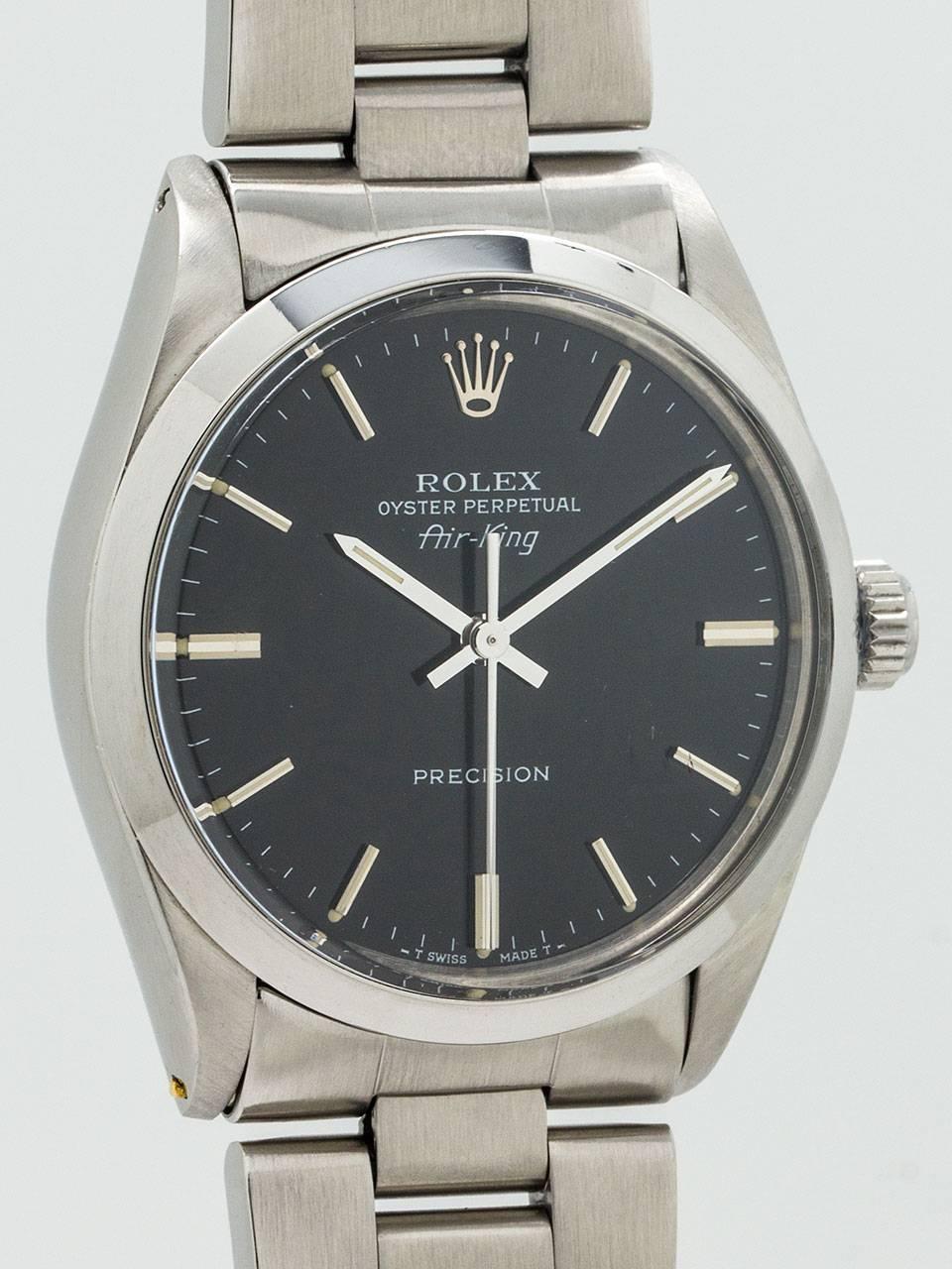 Rolex Oyster Perpetual Airking ref 5500 serial number L4 circa 1988. Featuring 34mm diameter stainless steel case with smooth bezel and acrylic crystal. scarce original black dial with applied silver indexes and silver baton hands. Powered by
