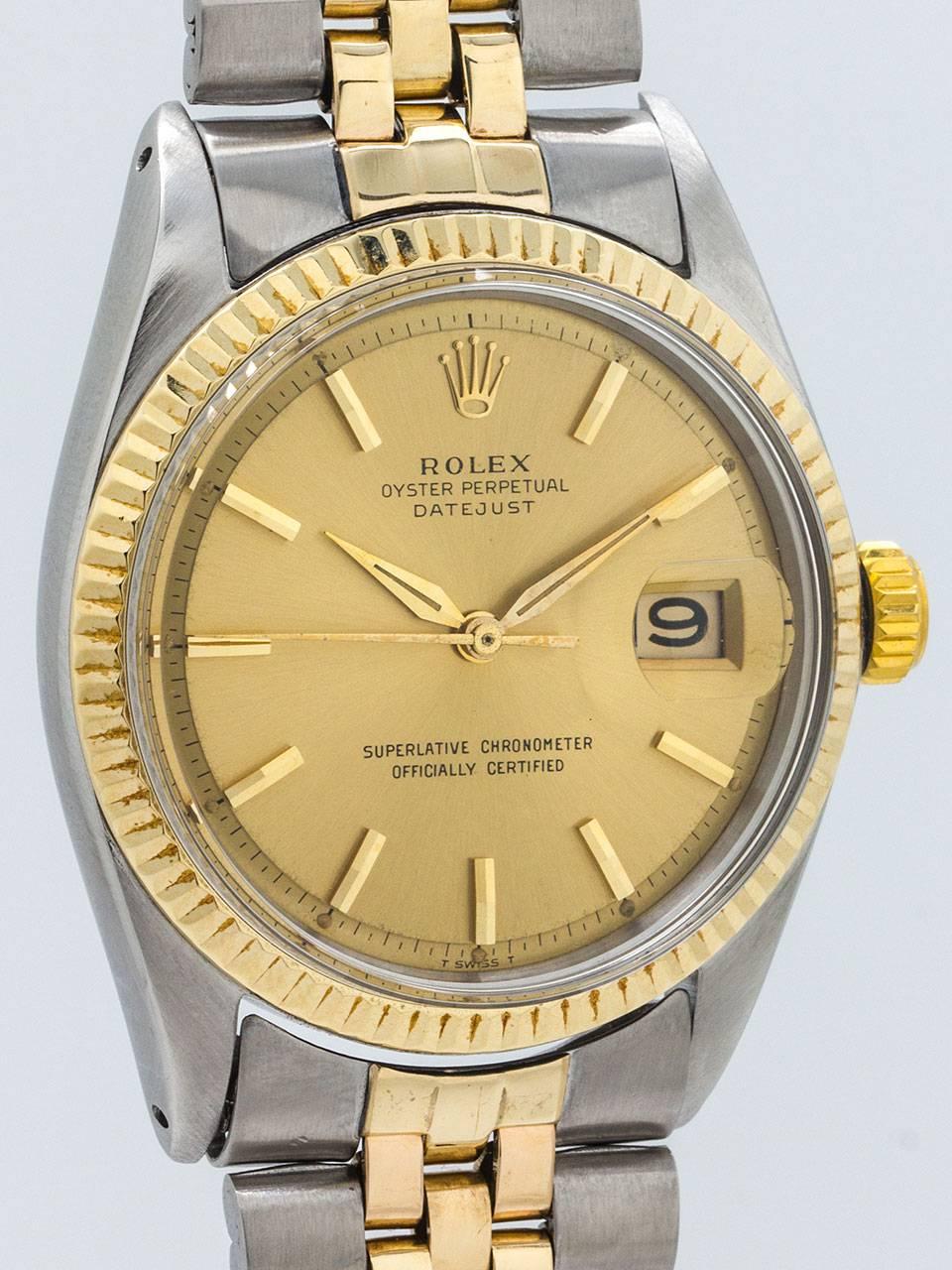 Rolex Stainless Steel and 14K Yellow Gold Oyster Perpetual Datejust ref 1601 serial number 1.03 million circa 1964. Man’s full size dress model 36mm diameter Oyster case. Featuring a 14K yellow gold fluted bezel, signed screw down gold crown and