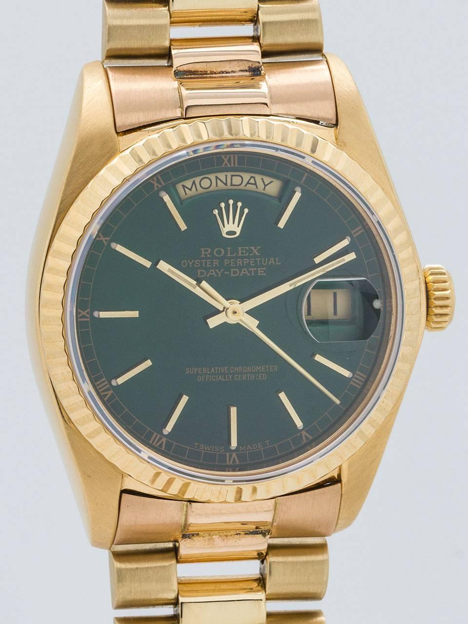 Rolex 18K Yellow Gold Day Date President ref 18038 serial number 5.3 million circa 1978. 36mm diameter Oyster case with fluted bezel and sapphire crystal. Gorgeous original Rolex dial with applied gold indexes and hands which has been custom colored