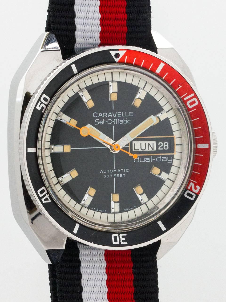 Vintage Bulova Caravelle Set-O-Matic Automatic Diver’s Dual Date circa 1976. Thick faceted 38 x 44mm stainless steel case with bi-directional time elapsed bezel in ‘Coke’ style red and black. Acrylic crystal and unsigned crown. The dial is in true