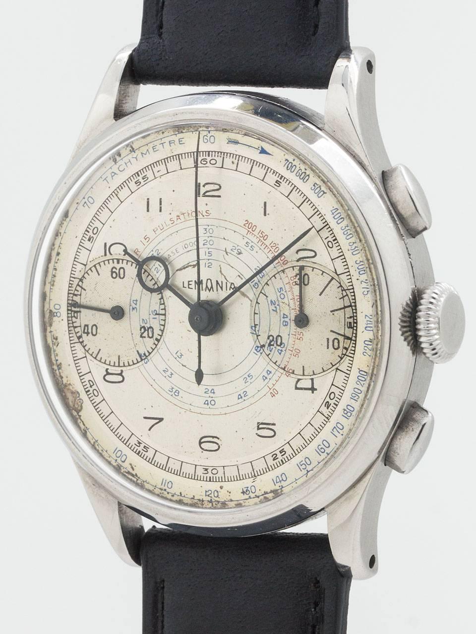 Vintage Lemania Chronograph Wristwatch circa late 1930s In Excellent Condition In West Hollywood, CA