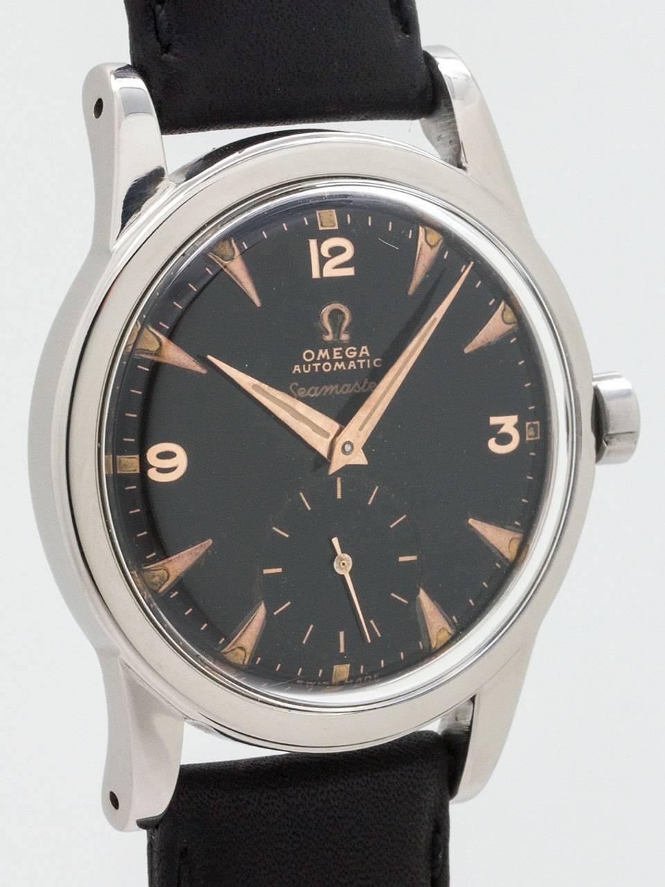 Vintage Omega Seamaster ref 2576-12 circa 1951. 34 x 42mm stainless steel case with screw down case back, acrylic crystal and signed Omega crown. Very pleasing original gloss black dial applied Omega logo, patina’d luminous dots, pink printing and