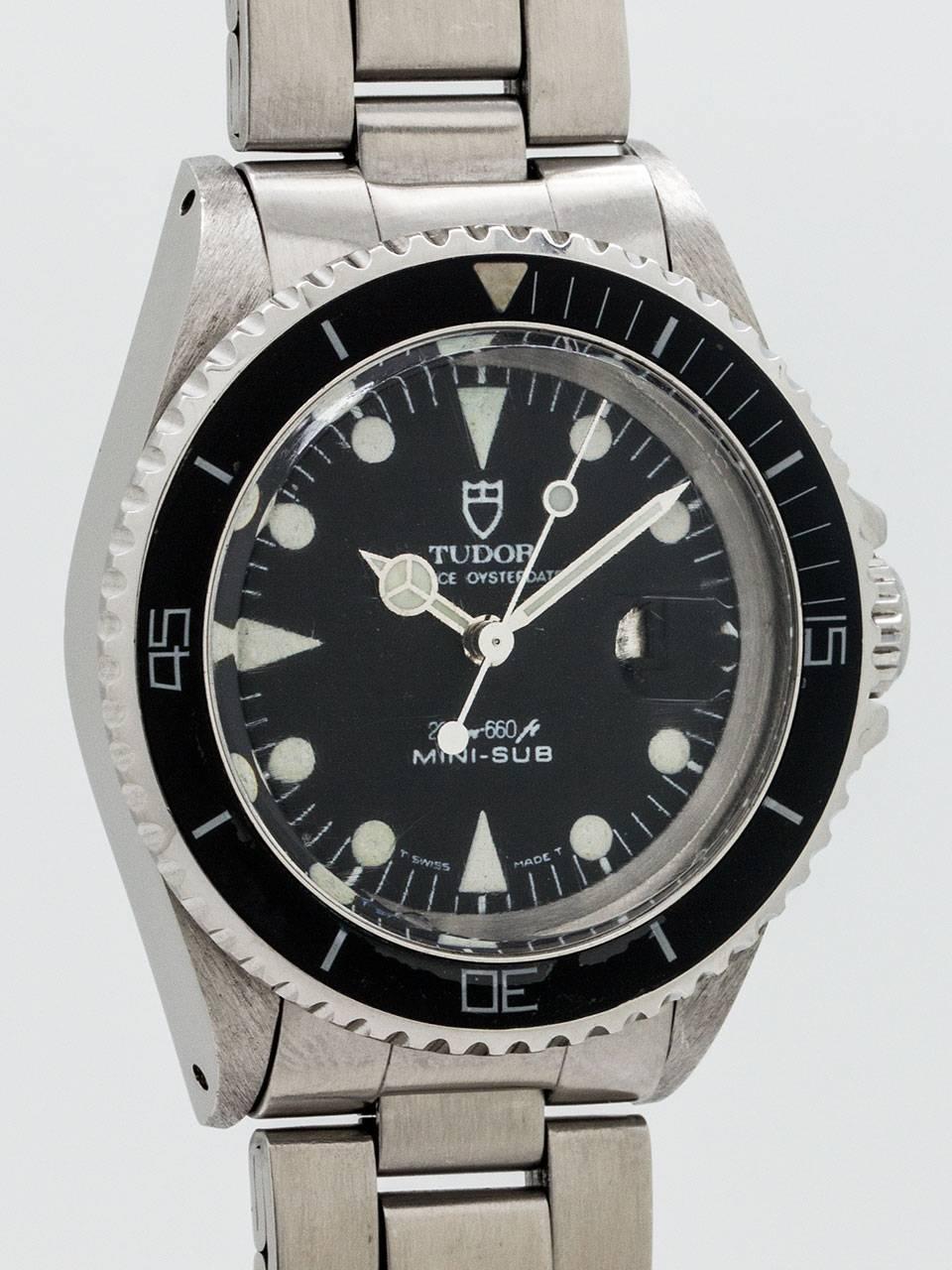 Tudor Mini-Sub ref 9440 serial #194xxx circa 1987. 33 x 39mm stainless steel case with elapsed time bezel and acrylic crystal. Original matte black dial with luminous indexes and mercedes style hands. Dial signed with Tudor Shield, Tudor Prince