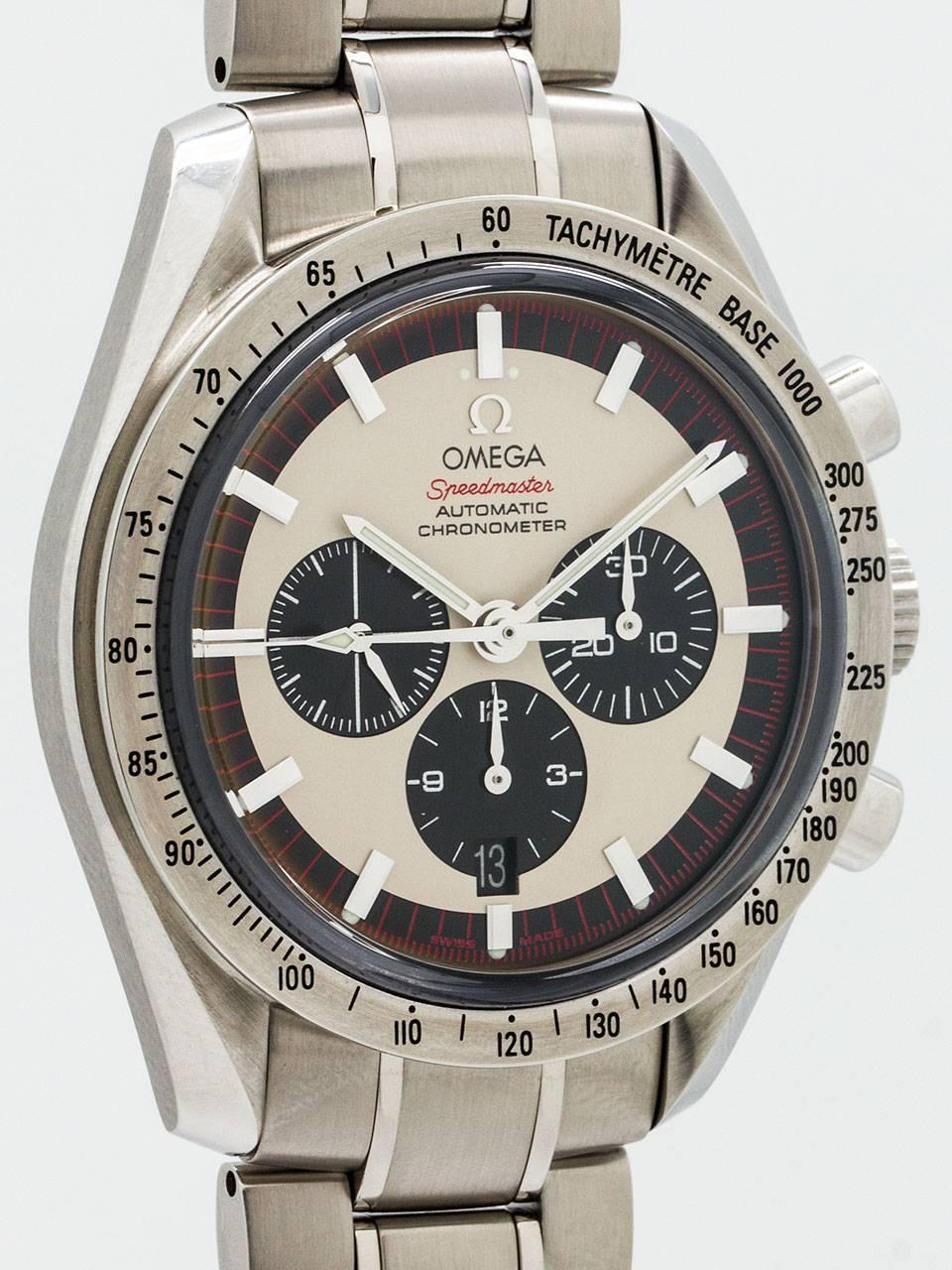 Omega Speedmaster Chronograph Michael Schumacher The Legend ref circa 2004. 42 x 48mm diameter case with steel tachometer bezel and sapphire crystal. Round chronograph pushers and signed Omega crown. So called “Panda” dial configuration with the
