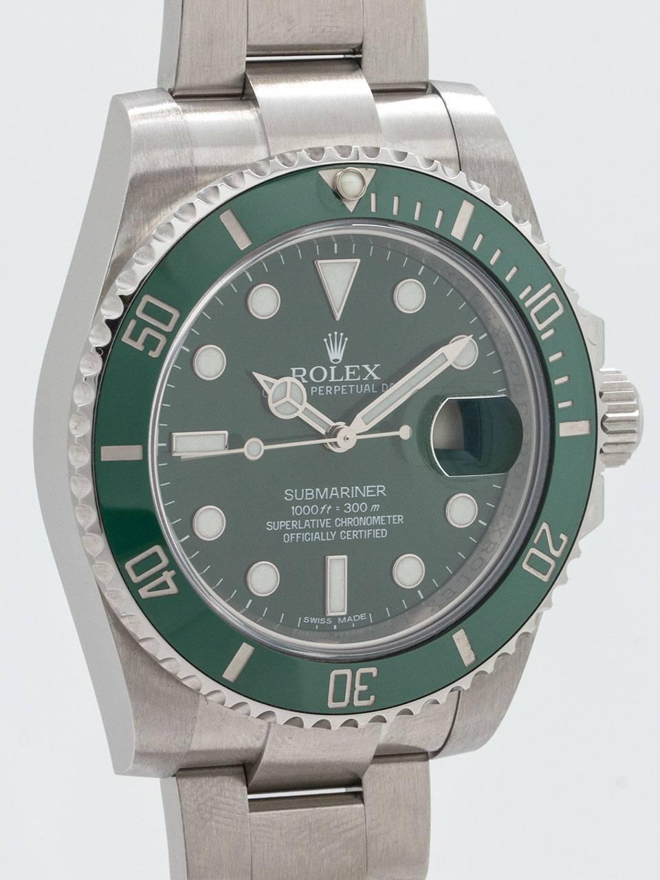 Extremely popular Rolex Submariner “The Hulk” ref 116610 LV, random serial number series, circa 2010s. Featuring 42mm diameter stainless steel case with unidirectional elapsed time green ceramic bezel and sapphire crystal. Oyster case with signed