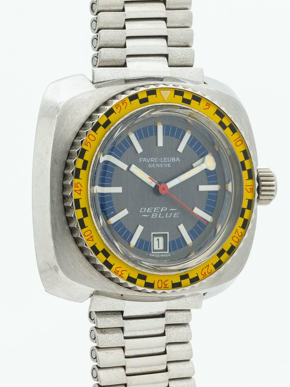 Great looking and design vintage Lady’s Favre Leuba Deep Blue Diver’s Model Wristwatch circa 1960s. Featuring 32 x 32 cushion shaped case with raised elapsed time brightly colored roulette style rotating bezel. Dramatic 2 tone gray dial with large