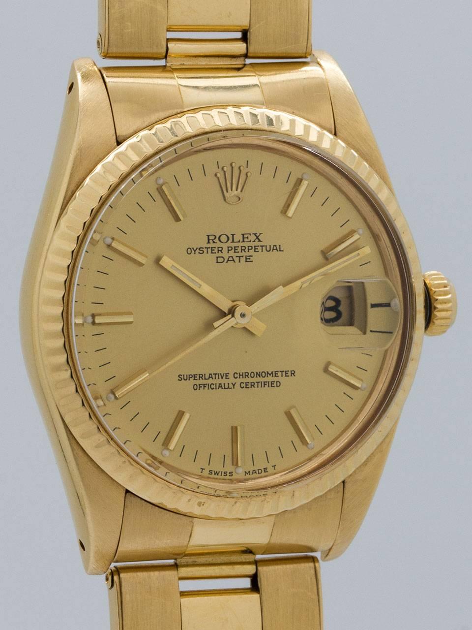 Rolex Oyster Perpetual Date ref 1500 serial number 8.8 million circa 1985. Featuring 34mm diameter 18K yellow gold case with smooth bezel and acrylic crystal. Original champagne dial with applied gold indexes and gilt baton hands. Powered by self