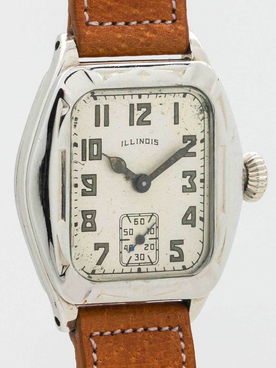 Illinois Viking 14K White Gold Filled circa 1929. Case measuring 30 x 38mm and featuring sculpted molded bezel and oversize onion style crown. Matte silver dial with patina’d luminous Arabic numerals and stylized hands. Powered by manual wind 17