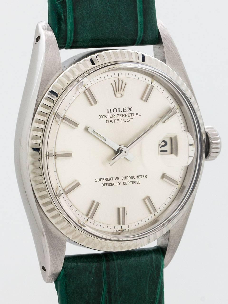 Vintage Rolex Datejust ref 1601 serial number  3.7 million circa 1974. Featuring 36mm diameter stainless steel case with 14K white gold fluted bezel and acrylic crystal. Original silver satin “Fat Boy” pie pan dial. This original dial features wide