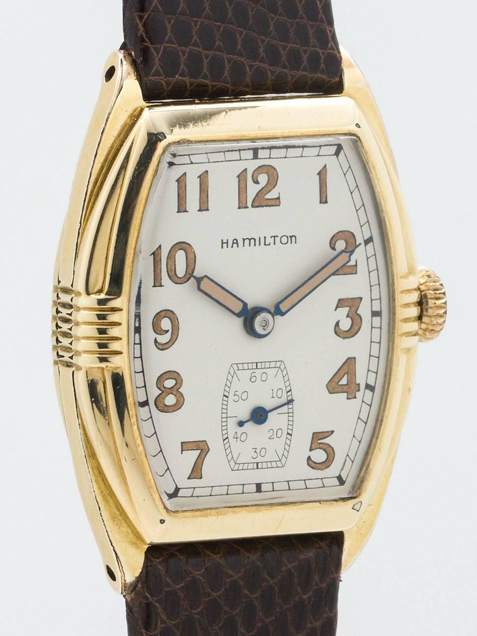 Vintage Hamilton Perry circa 1929. Featuring a distinctive yellow gold filled tonneau shaped case. classic art deco styled model with side flute pattern bi-secting the case. Very pleasing restored antique white dial with patina’d luminous indexes