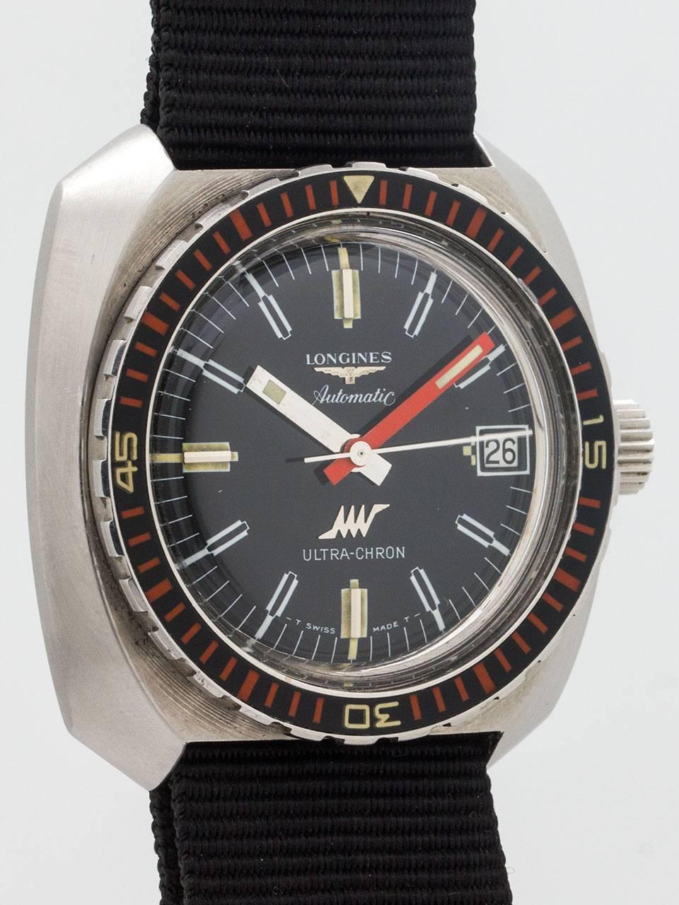 Great looking vintage Longines Ultra Chron Automatic Diver’s Wristwatch circa 1970s. Featuring a large 40m diameter case with screw down back, acrylic crystal, bi-directional black bakelite bezel with red minute indicators. Mint condition original