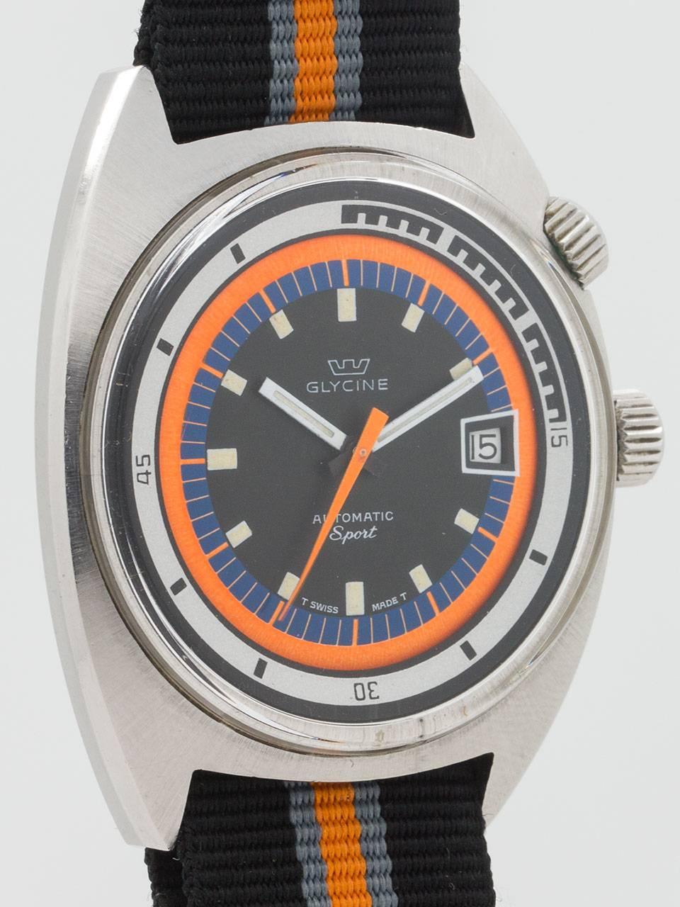 Extremely rare variation of the popular Glycine Airman SST 24 hour model but the “Sport” 12 hour version. Featuring a large 41.5 x 50mm stainless steel cushion shaped case in exceptional mint condition, with dual crowns and acrylic crystal. Bright