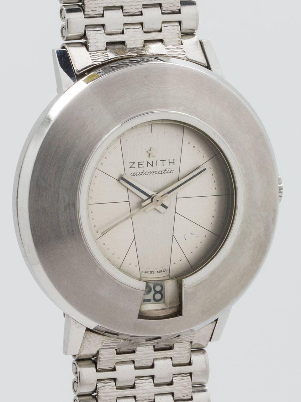 Zenith Stainless Steel Automatic circa 1960s. Very eccentric modern design 35.5 x 39mm case with wide bezel, signed star crown and acrylic crystal. Original 2 tone silvered satin dial with unique line design, applied star logo and printed minute