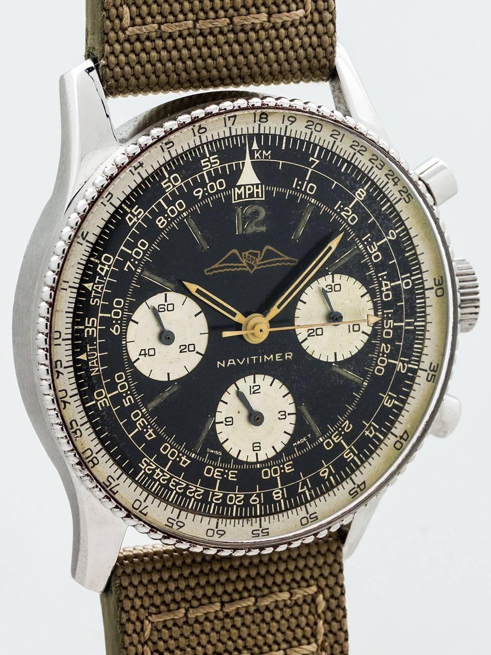 Vintage Breitling Navitimer Aviator’s Chronograph ref 806 circa 1960. Transitional model with beaded bezel and black gilt AOPA logo dial with silver registers and nicely patina’d gilt printing and lumes. Great looking model powered by Venus caliber