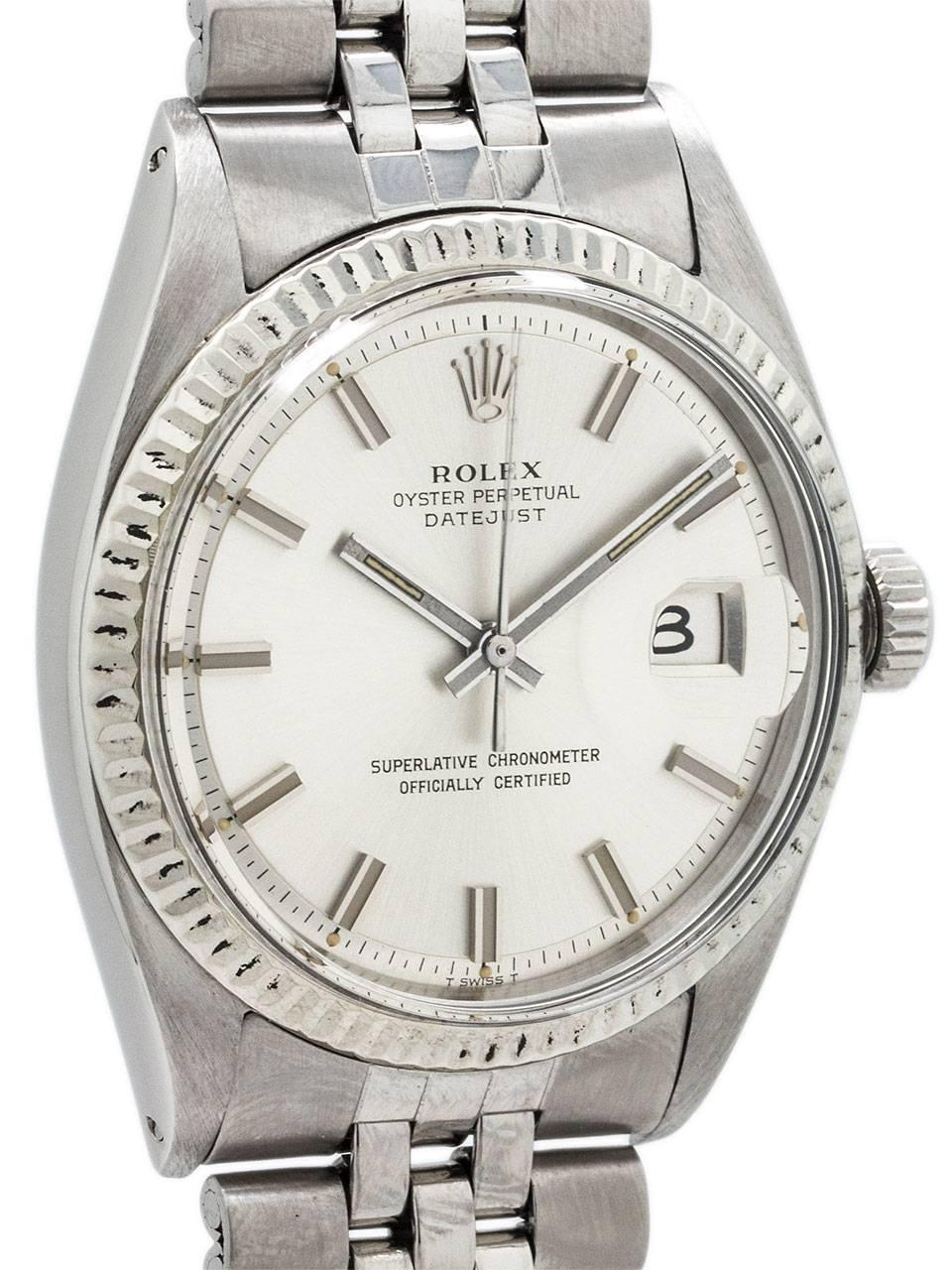 Rolex Oyster Perpetual Datejust ref 1601 serial no 3.1 million circa 1972. 36mm diameter case with 14K white gold fluted bezel and acrylic crystal. Original silver satin pie pan “Fat Boy” dial with wide applied silver indexes and wide silver baton