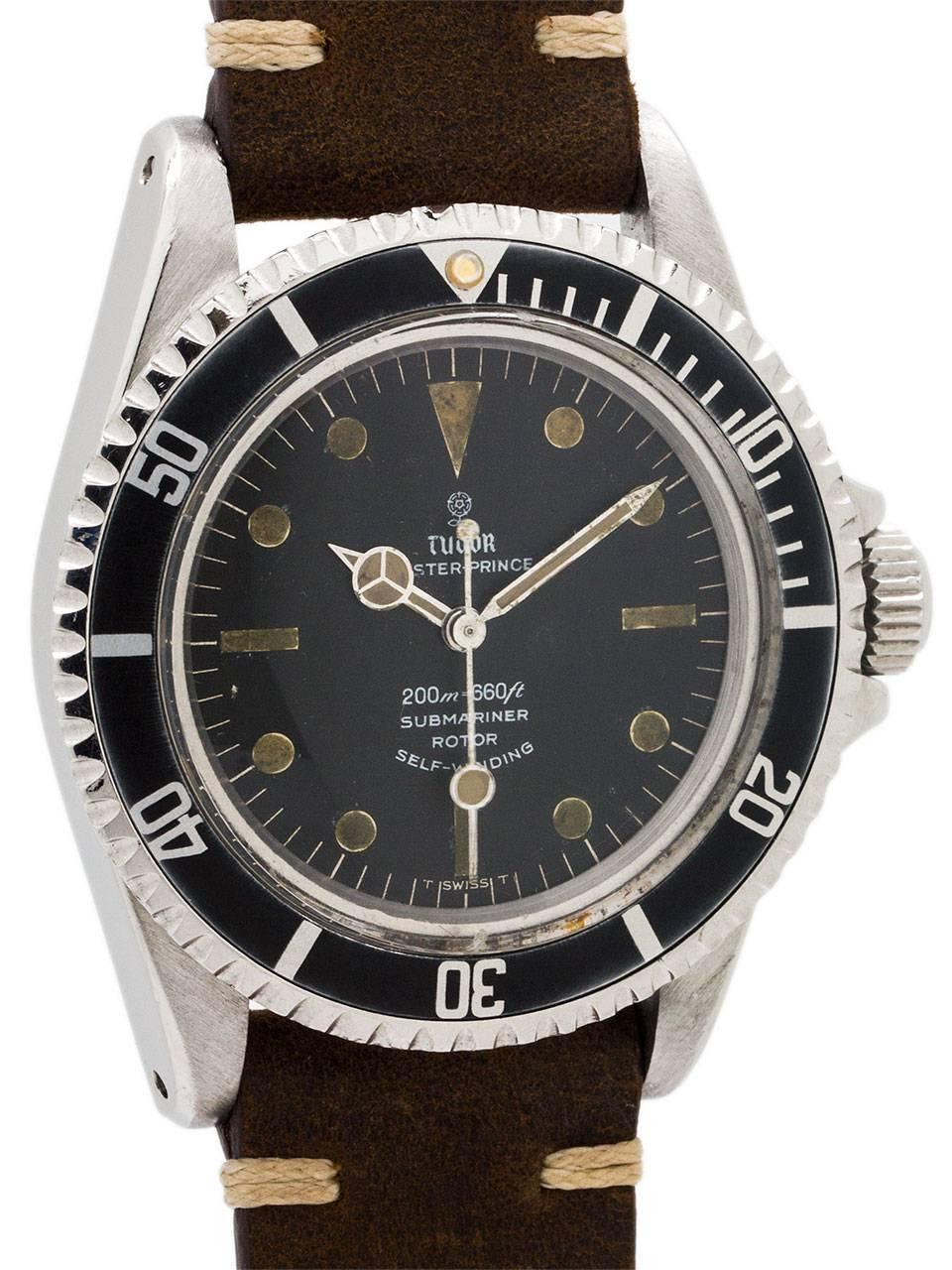 Tudor Submariner ref 7928 serial no 434,xxx circa 1966. Featuring 40mm diameter stainless steel case with bi-directional elapsed time bezel. With matte black original dial with patina’d luminous indexes and matching luminous hands. With Tudor flower