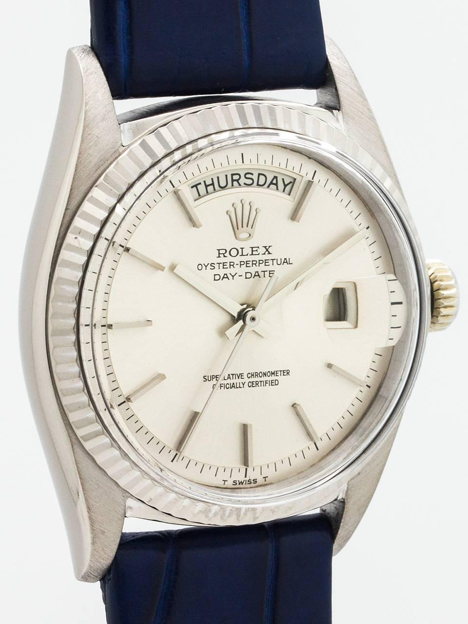 Vintage Rolex Day-Date ref 1807 circa 1969. Featuring 36mm diameter 18K white gold case with fluted bezel and acrylic crystal.  This example features a particularly robust case with very heavy lugs that have not been over polished in the lifetime of