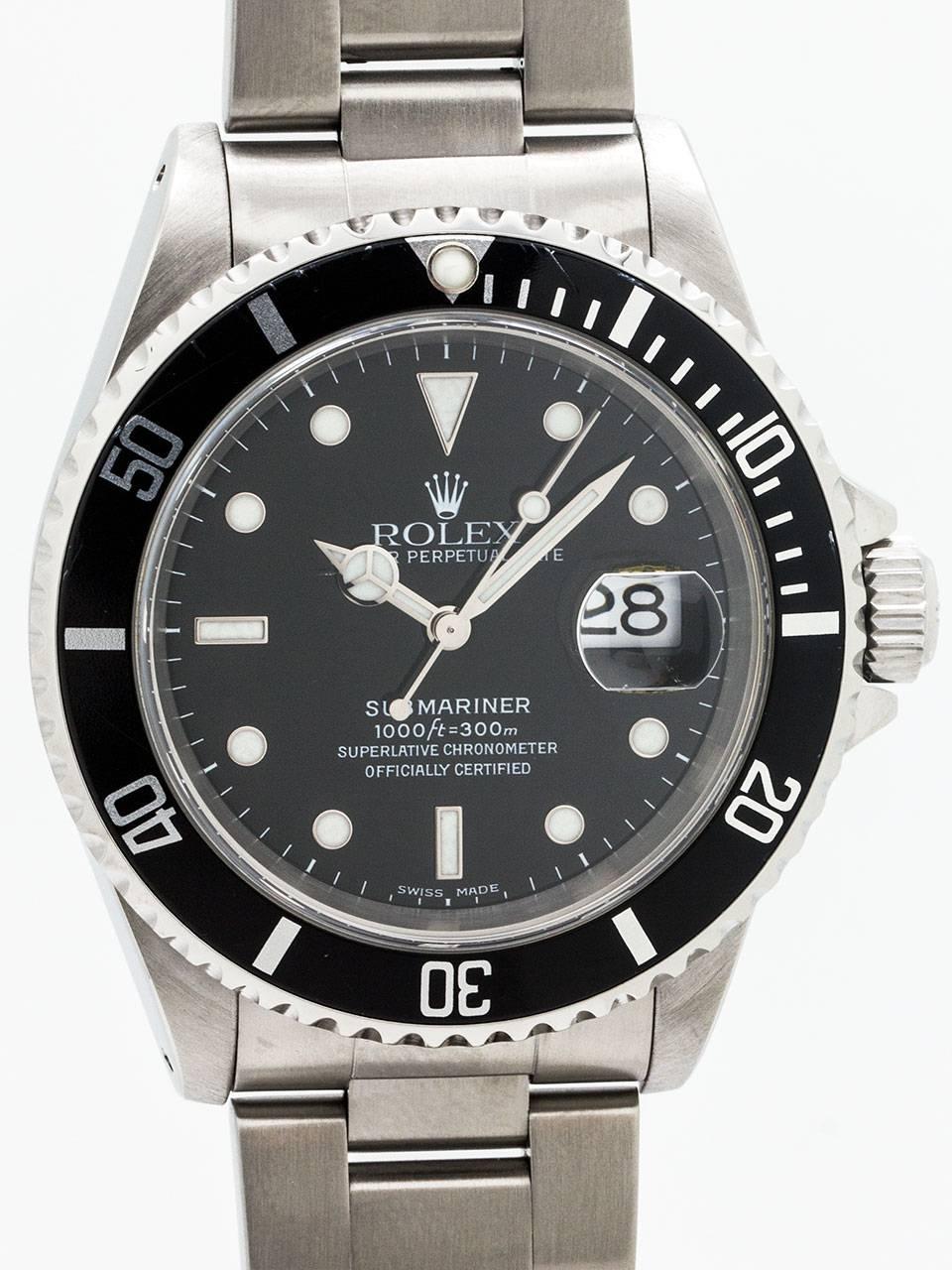 Classic Rolex Submariner Stainless Steel Wristwatch ref 16610 serial no A72 circa 1998. 40mm diameter case with sapphire crystal and unidirectional elapsed time bezel. Super clean example with glossy black original luminova dial with luminova