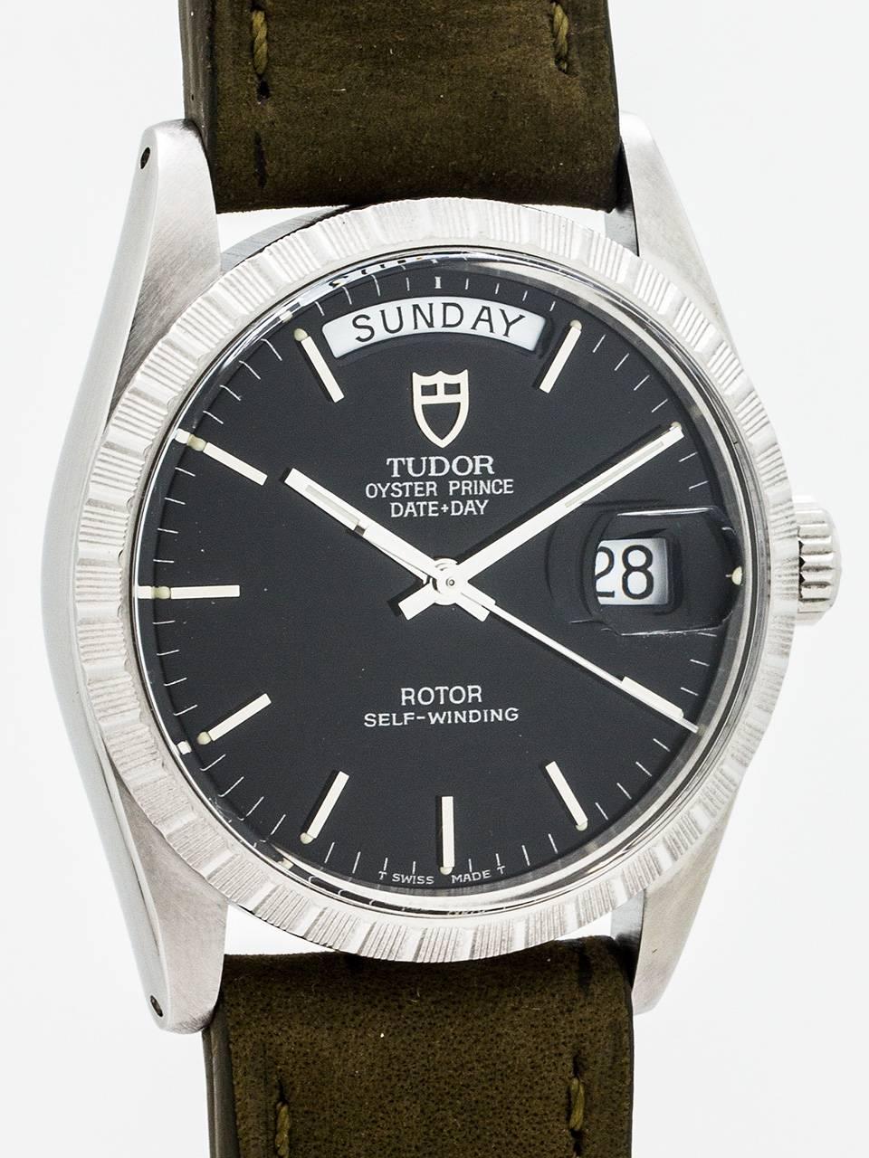 Tudor Stainless Steel Day-Date Wristwatch ref 94510 serial no 294,xxx circa 1960. Featuring 36mm diameter Oyster case with engine turned bezel and acrylic crystal. Beautiful condition original matte black dial with applied silver indexes and silver