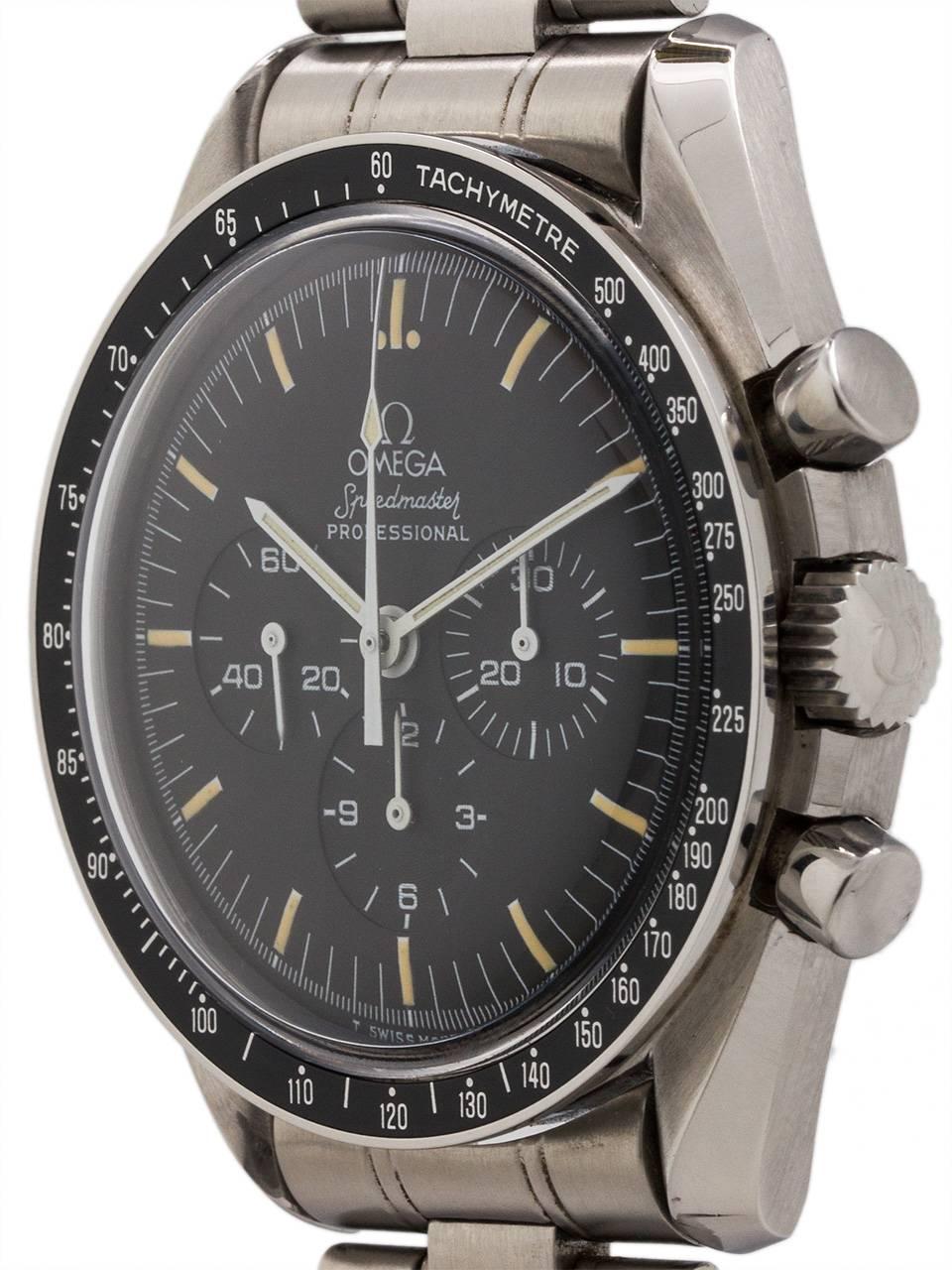 Omega Speedmaster Man on the Moon ref 145.022 movement serial # 48.2 million circa 1986. Featuring 42mm diameterstainless steel case  with black tachometer bezel and acrylic crystal. Classic black stepped dial with patina’d luminous tritium indexes,