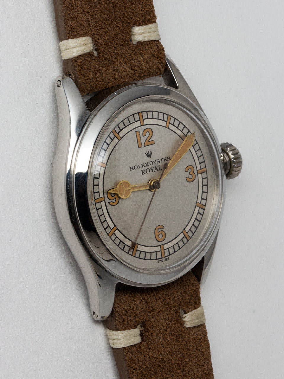 Rolex Stainless Steel Oyster Royal Wristwatch ref 4377 serial 303,xxx circa 1957. 35mm diameter Oyster case with beautifully restored sector dial with antique luminous indexes and hands. Powered by 17 jewel manual wind caliber 10 1/2 H movement with