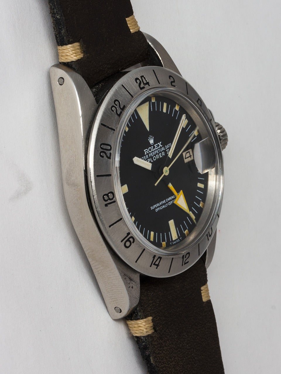 Rolex Stainless Steel Explorer II Wristwatch ref 1655 serial # 2.9 million circa 1971. 40mm diameter Oyster case with stainless steel 24 hour bezel and acrylic crystal. Very pleasing example with original matte black dial with patina'd luminous