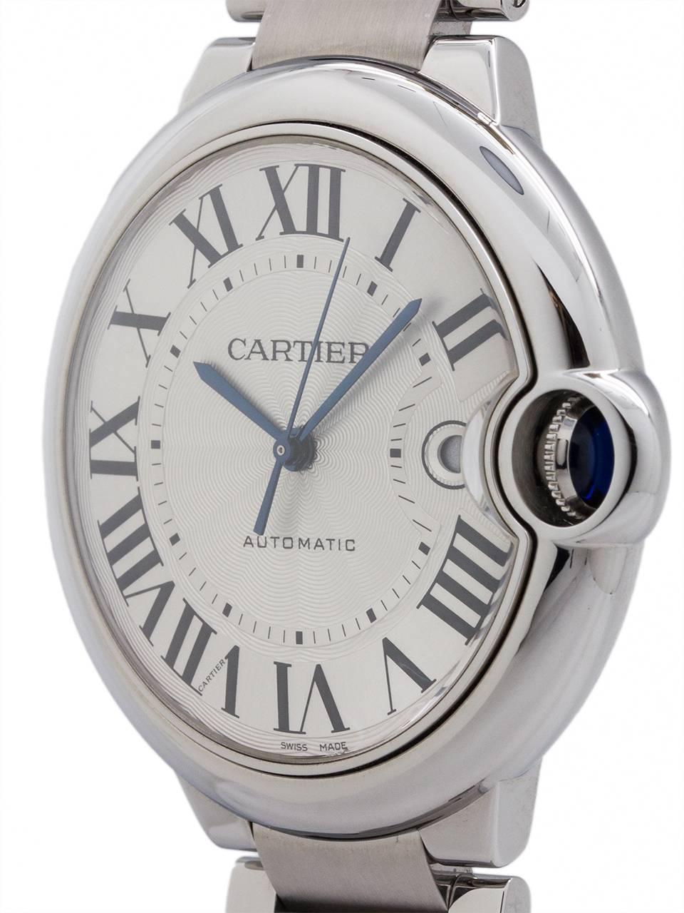 
Cartier man’s large 42mm stainless steel Ballon Bleu ref 3765 circa 2000’s. Featuring dome design case with smooth bezel, sapphire crystal and protected blue sapphire cabochon crown. Featuring classic silvered guilloche dial with large printed