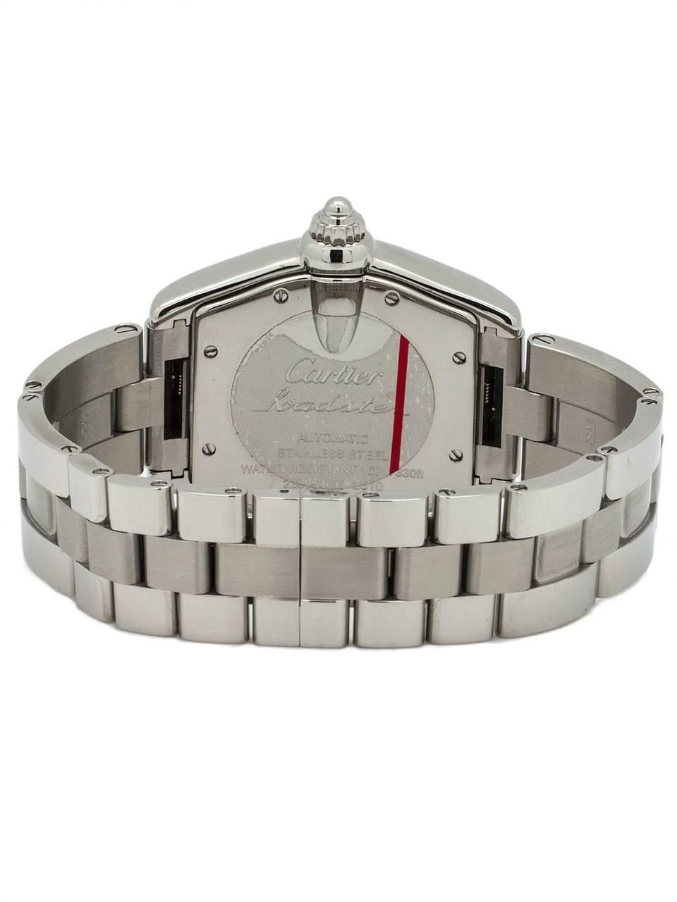 
Cartier Man’s Roadster  automatic ref# 2510 circa 2000s. 38 x 44.5mm tonneau shaped Stainless Steel case with steel cabochon style screw down crown, matte silvered textured dial with black stretch Roman numerals, and black outline kite shaped