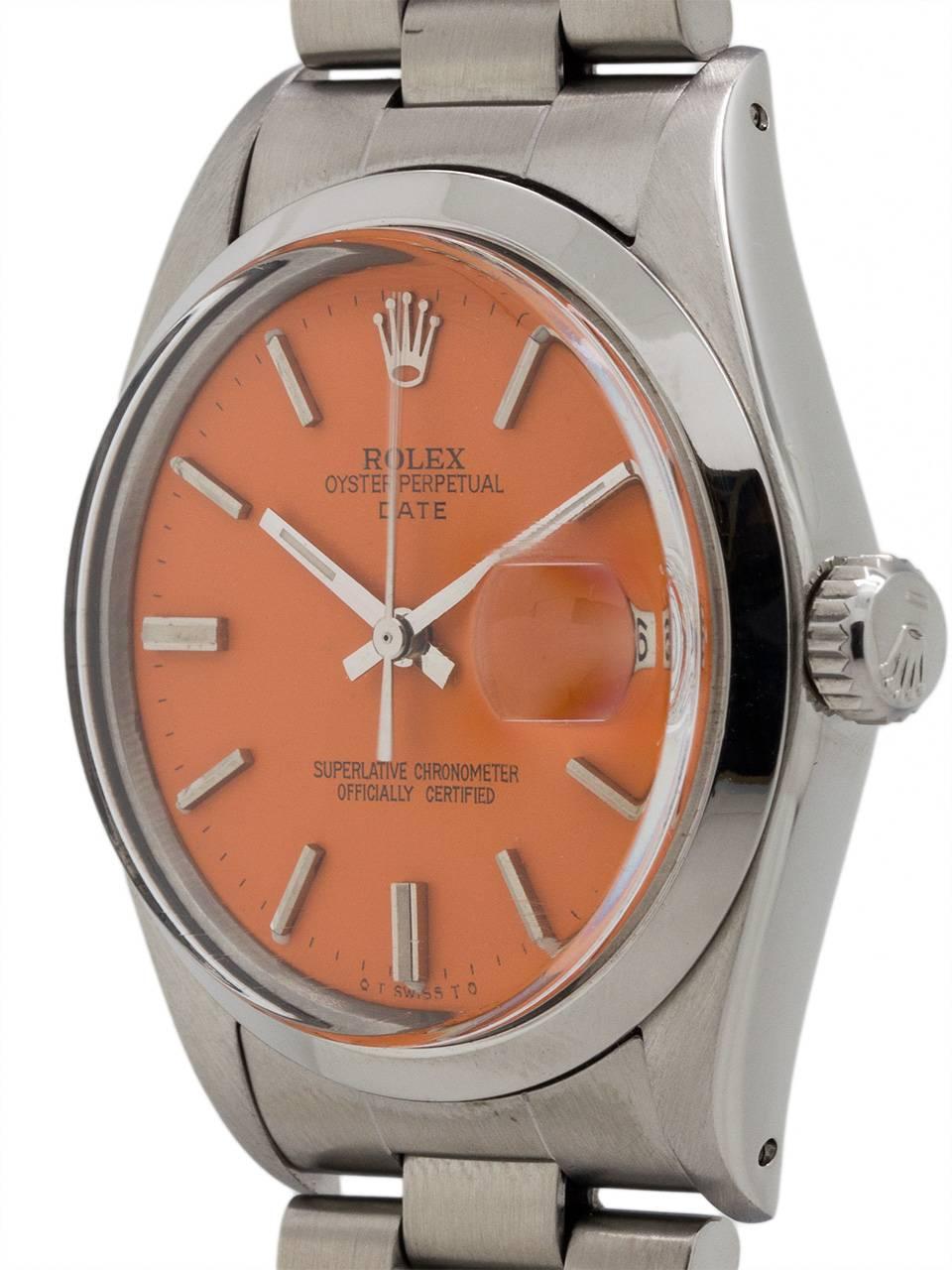 
Rolex Oyster Perpetual Date ref 1500 serial # 2,7 million circa 1970. Featuring 34mm diameter case with smooth bezel and acrylic crystal and custom colored  “Orange Sherbert” dial with applied silver indexes and silver baton hands. Powered by self