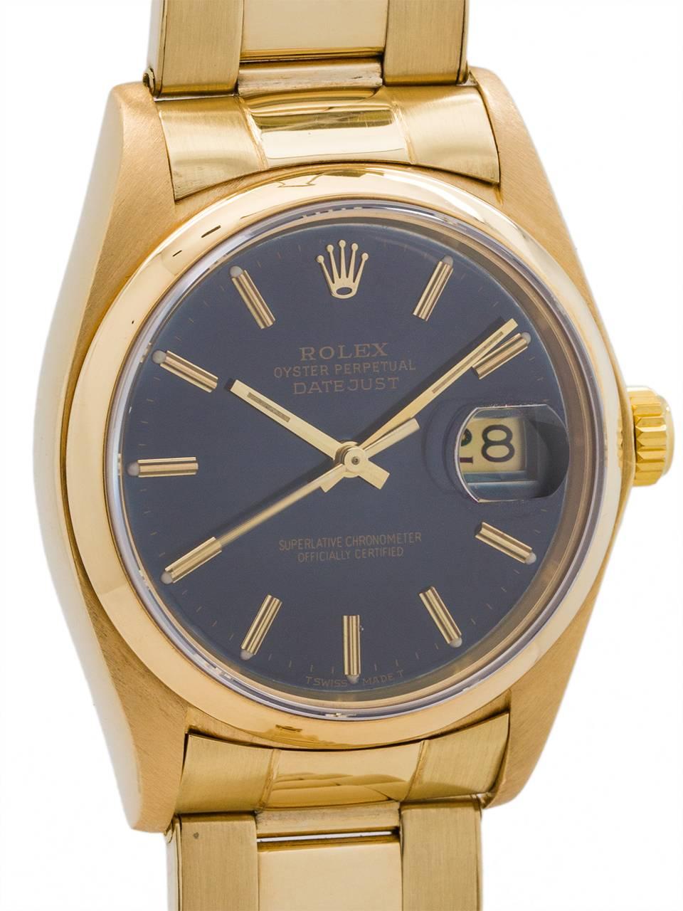 Rolex Yellow Gold Datejust Sapphire Blue Dial Automatic Wristwatch, circa 1978 In Excellent Condition In West Hollywood, CA