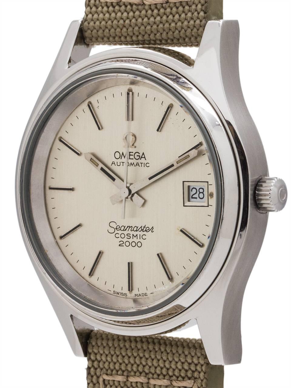 
Vintage Omega Seamaster Cosmic 2000 ref 166.128 circa 1972. Featuring a wonderful oversized 38mm diameter stainless steel case with mineral glass crystal, and original silver satin dial in great condition with applied silver indexes and silver