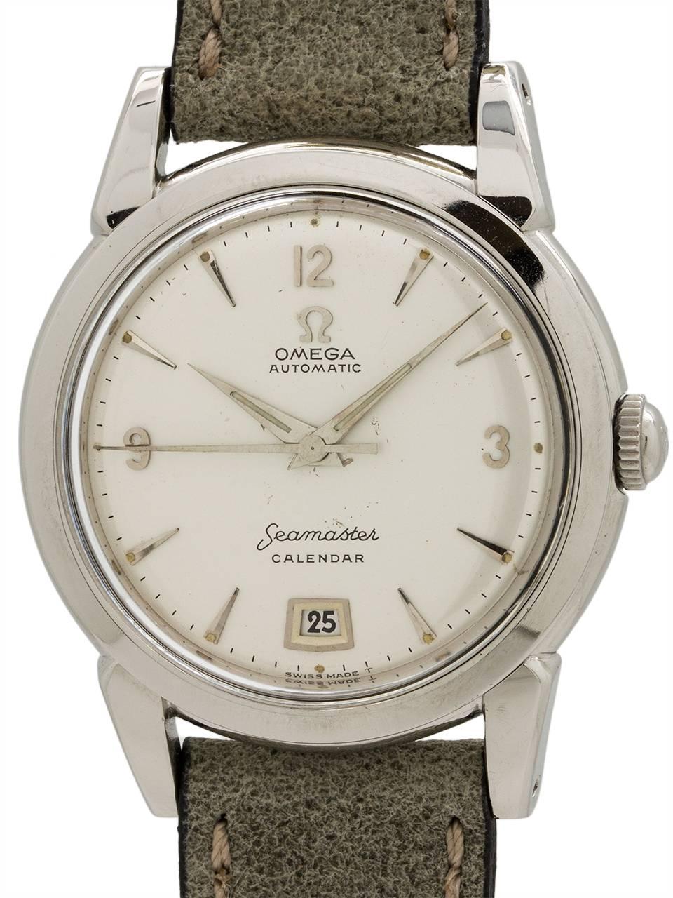 
Vintage man’s Omega Seamaster Calendar model ref 2757-1 circa 1952. Great looking vintage model with 34 x 42mm stainless steel case with smooth wide bezel, heavy sloped lugs, screwback case, and acrylic crystal. Powered by the bumper automatic