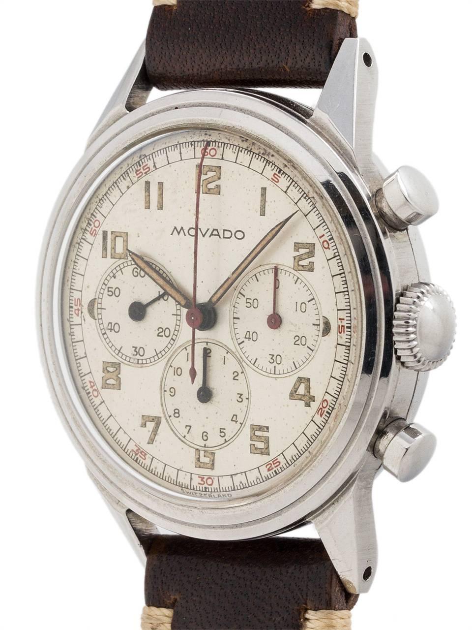 
Movado Stainless Steel  3 register Chronograph circa 1950’s. 35 X 43mm stepped case with screw down back and round chronograph pushers. Pleasing original 2 tone matte silvered dial with patina’d luminous indexes, matching luminous pencil hands with