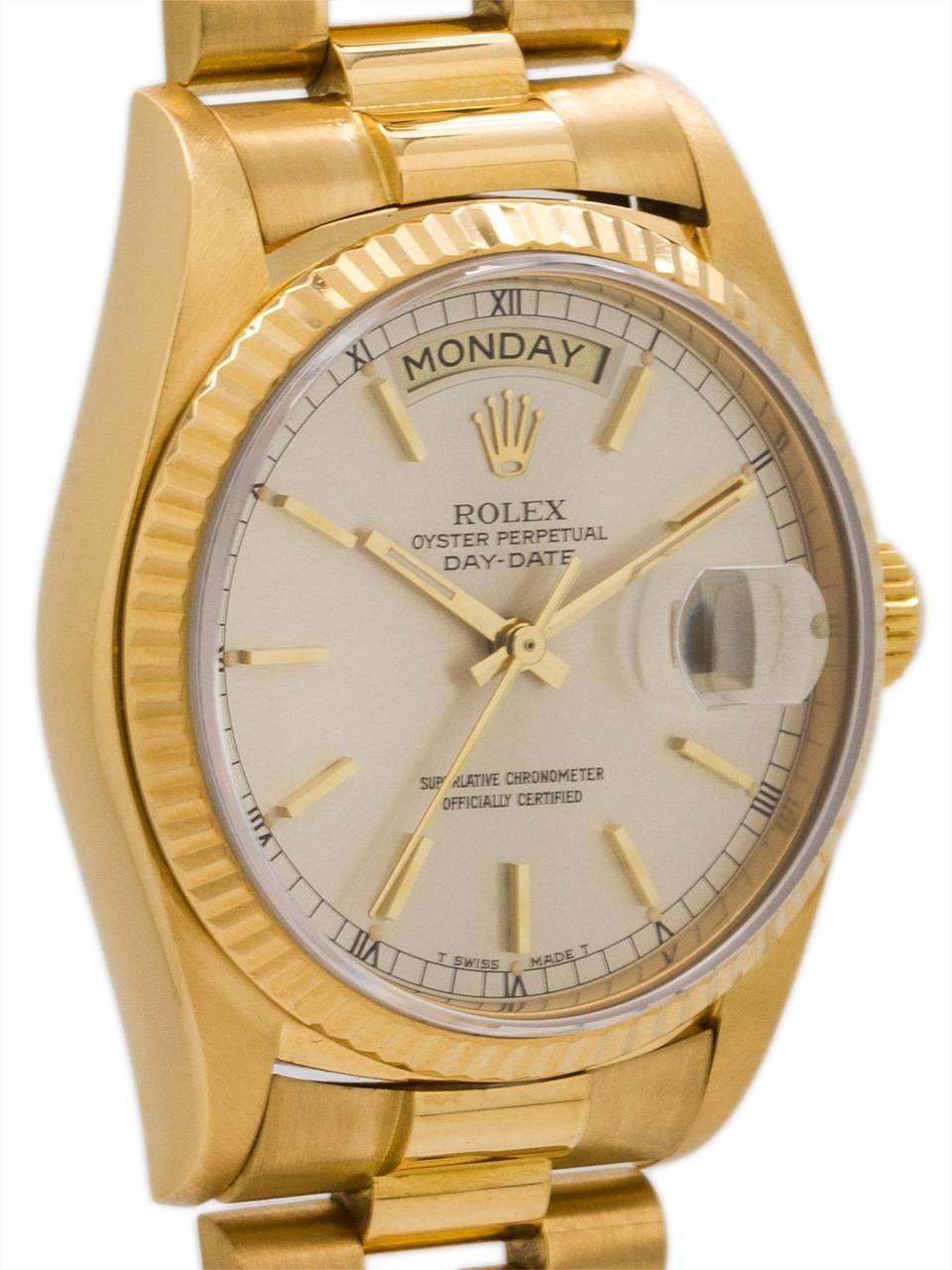 Rolex yellow gold Day Date wristwatch Ref 18038, circa 1986 In Excellent Condition For Sale In West Hollywood, CA
