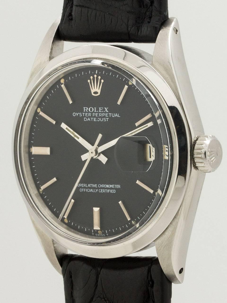 Rolex stainless steel Datejust Black Dial wristwatch Ref 1600, circa 1974 In Excellent Condition In West Hollywood, CA