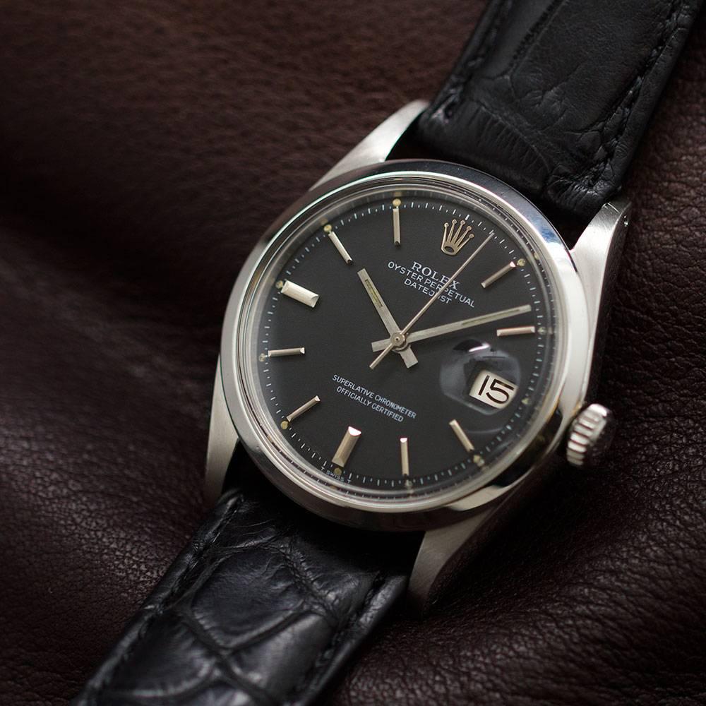 Rolex stainless steel Datejust Black Dial wristwatch Ref 1600, circa 1974 1