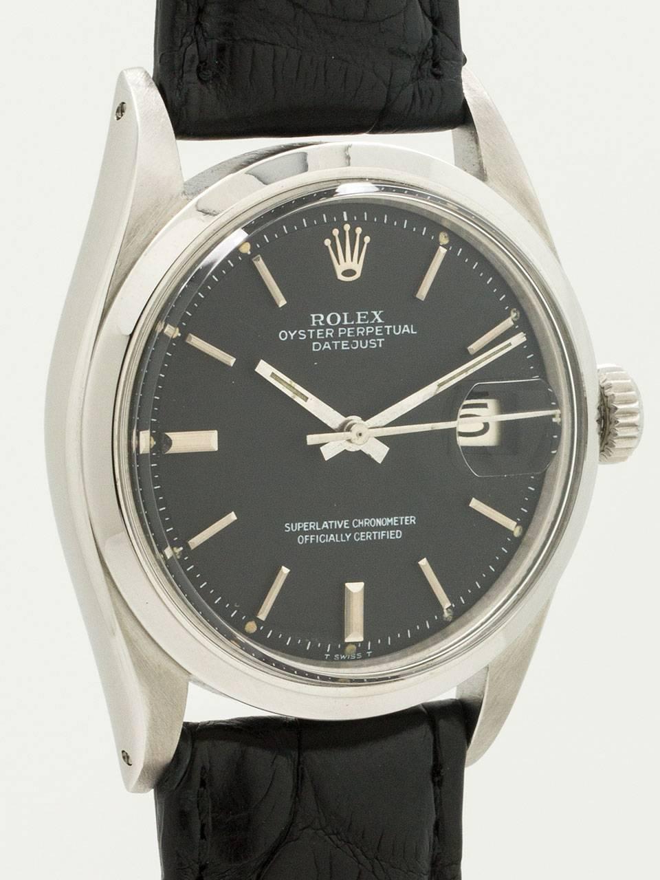 
Rolex Datejust ref 1600 stainless steel case with beautiful condition black original pie an dial with applied silver indexes and silver baton hands, serial # 3.9 million circa 1974. Powered by self winding chronometer rated caliber 1570 with sweep