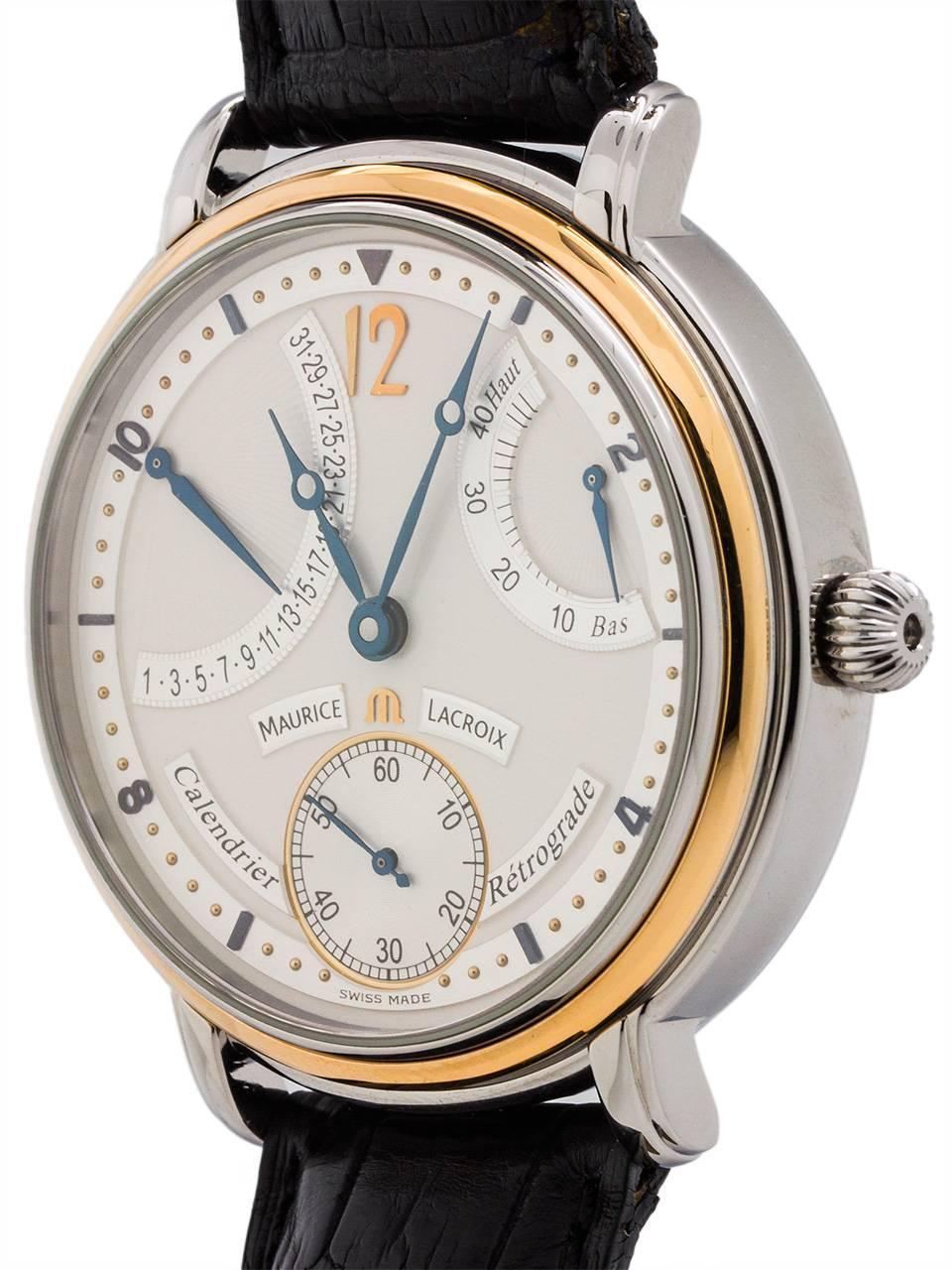 
Maurice LaCroix Masterpiece Calendrier Retrograde ref mp6198-ss001-191. Large and elegant dress model circa 2000’s. Featuring a 43mm stainless steel case with white dial, and guilloche power reserve and retrograde date indicators. Power reserve